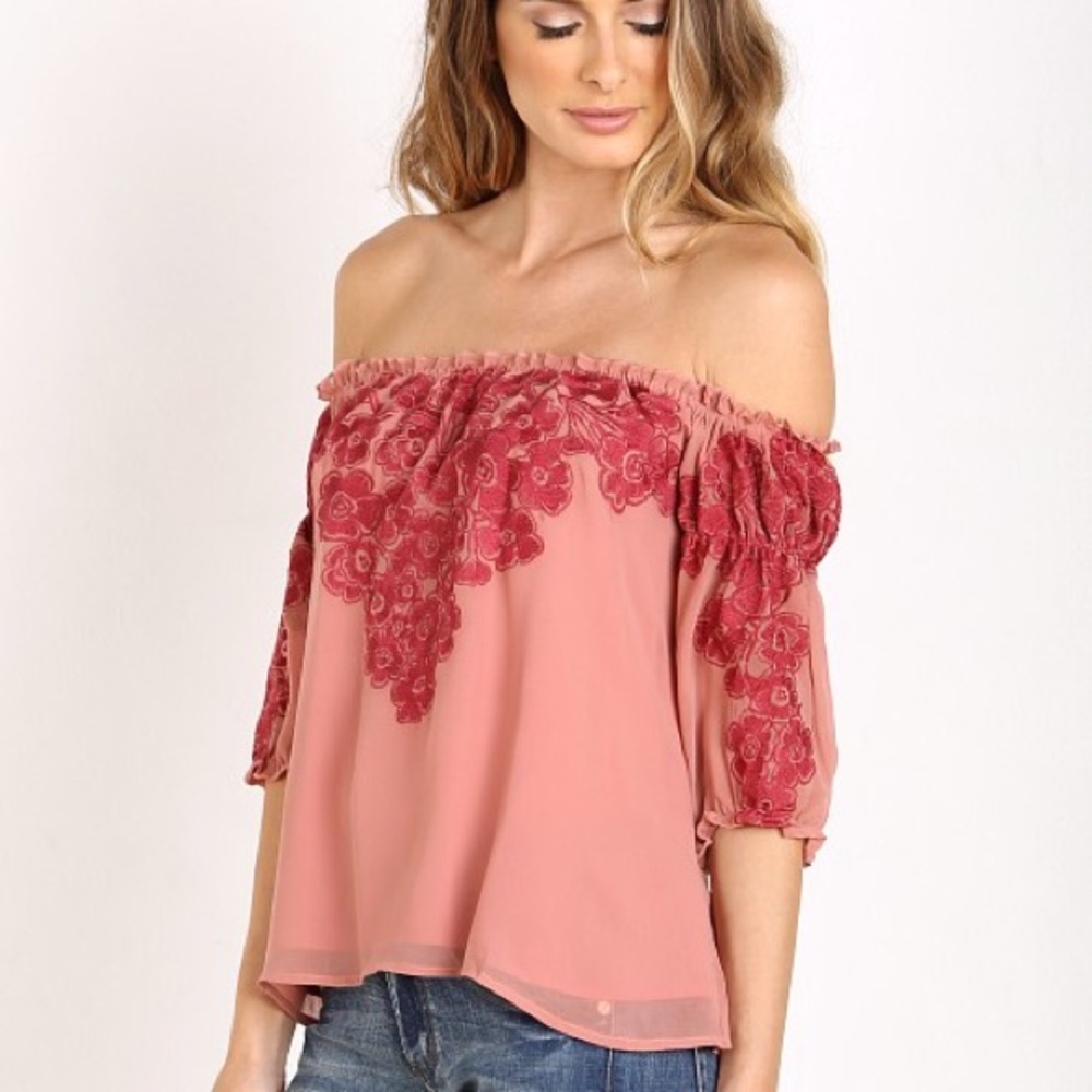 For love and lemons Sicily Off shoulder top in sangria pink